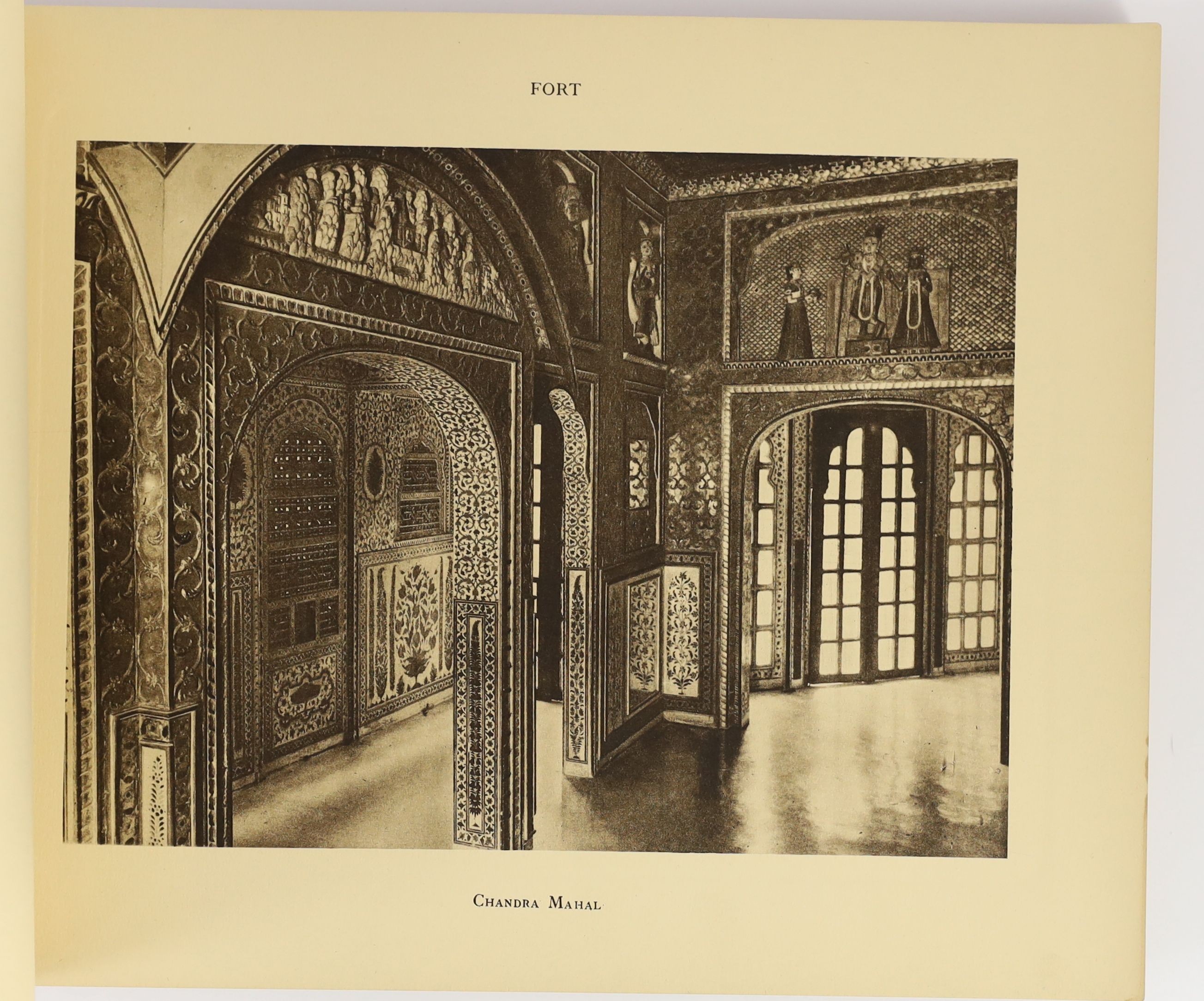 Bikaner State. Oblong folio, Editions de Luxe, Paris, n.d. [c.1930]. 50 leaves of sepia photographs in wrappers including, The Fort, Lallgarh Palace, Gajner [Palace] and Bikaner, first leaf detached. Front wrapper and th